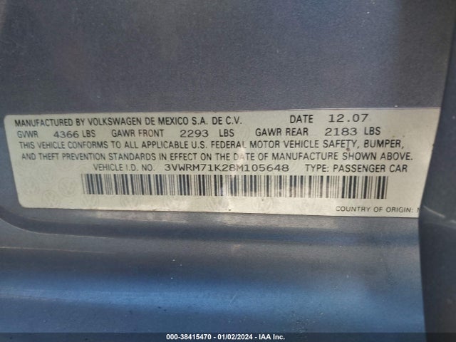 2008 VOLKSWAGEN JETTA SE/SEL VIN: 3VWRM71K28M105648