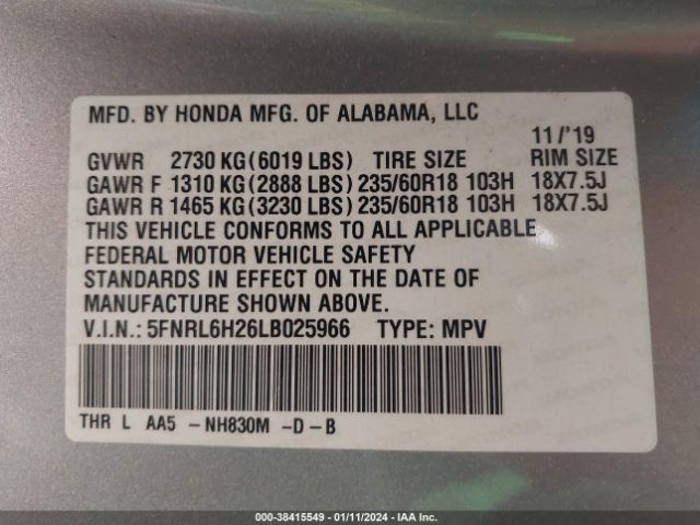 5FNRL6H26LB02596 Honda ODYSSEY LX
