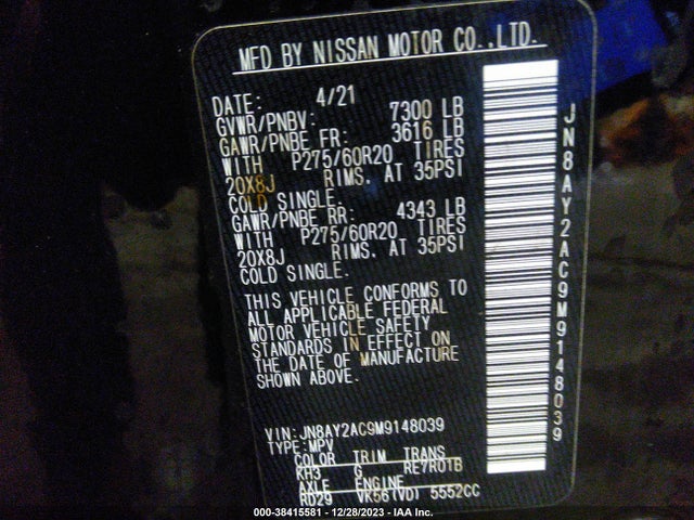 Nissan Armada Sv 2wd 2021 JN8AY2AC9M9148039 Image 9