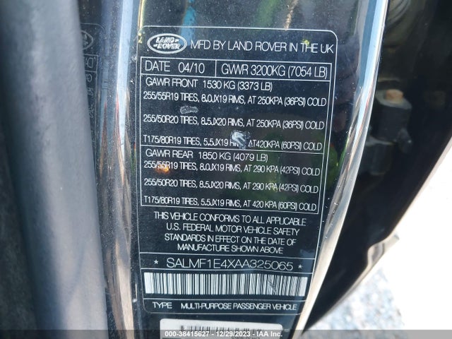 2010 LAND ROVER RANGE ROVER SUPERCHARGED VIN: SALMF1E4XAA325065