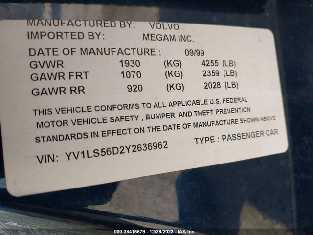 2000 VOLVO S70 GLT/GLT SE VIN: YV1LS56D2Y2636962