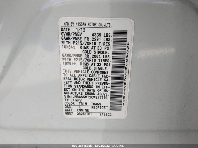 2012 NISSAN ROGUE S VIN: JN8AS5MT2CW277691