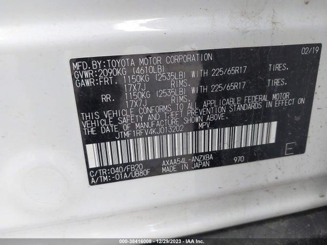 2019 TOYOTA RAV4 LE VIN: JTMF1RFV4KJ013202