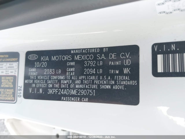 Продажа на аукционе авто 2021 Kia Forte Lxs, vin: 3KPF24AD9ME290751, номер лота: 38416010