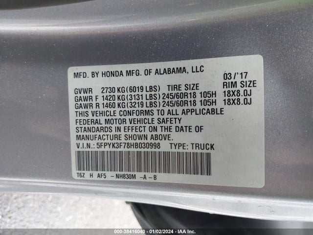 Honda Ridgeline Rtl-e 2017 5FPYK3F78HB030998 Image 9