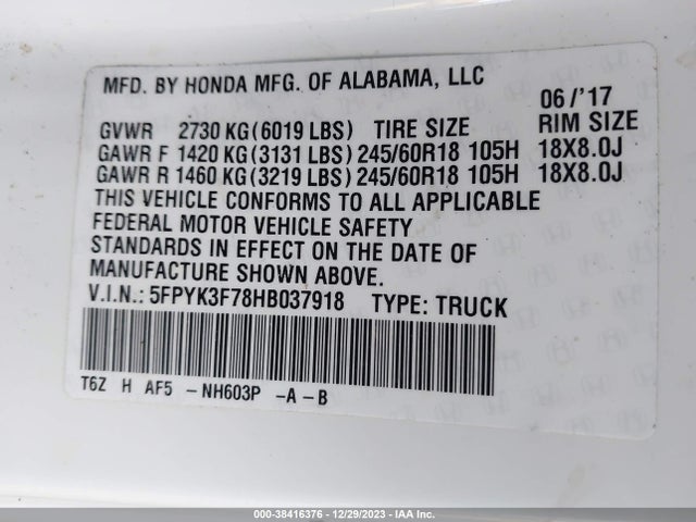 Honda Ridgeline Rtl-e 2017 5FPYK3F78HB037918 Image 9