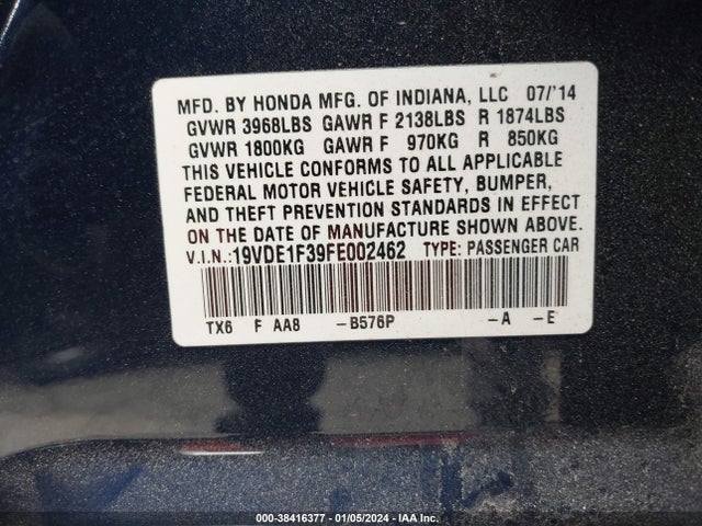 Acura Ilx 2.0l 2015 19VDE1F39FE002462 Image 9