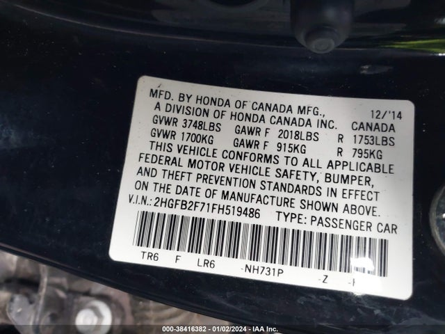 Honda CIVIC SE 2015 2HGFB2F71FH519486 Image 9