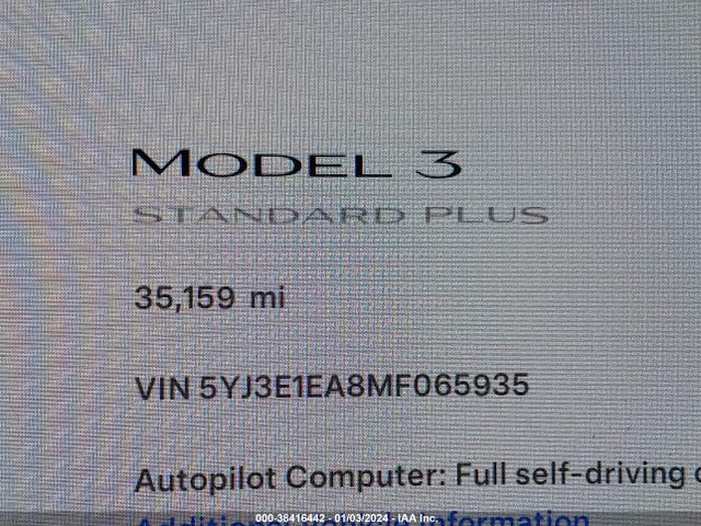 2021 TESLA MODEL 3 STANDARD RANGE PLUS REAR-WHEEL DRIVE VIN: 5YJ3E1EA8MF065935