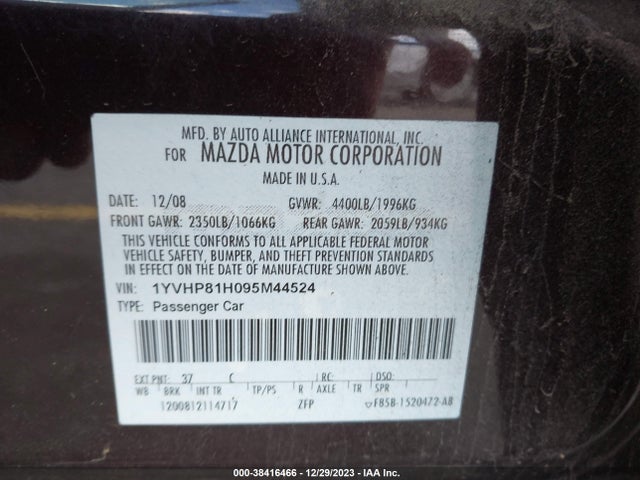 2009 MAZDA MAZDA6 I SPORT VIN: 1YVHP81H095M44524