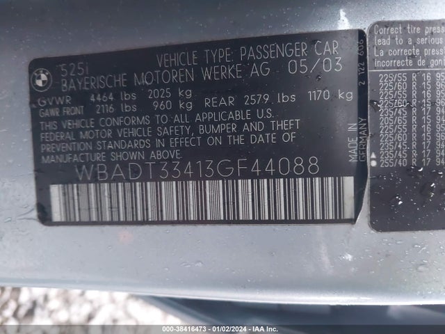Продажа на аукционе авто 2003 Bmw 525i, vin: WBADT33413GF44088, номер лота: 38416473