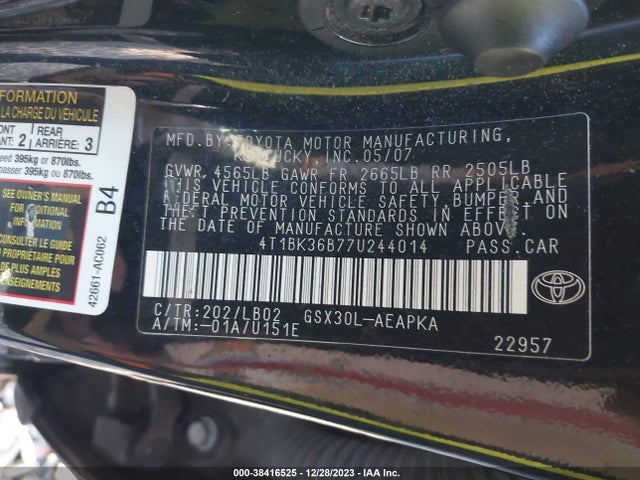2007 TOYOTA AVALON LIMITED VIN: 4T1BK36B77U244014