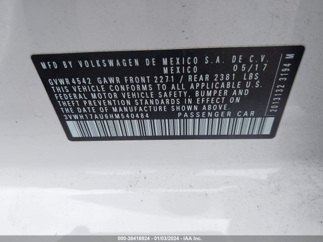 2017 VOLKSWAGEN GOLF ALLTRACK TSI S/TSI SE/TSI SEL VIN: 3VWH17AU6HM540484