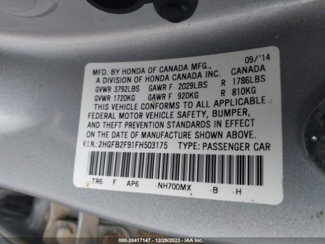 2HGFB2F91FH503175 Honda Civic Ex-l