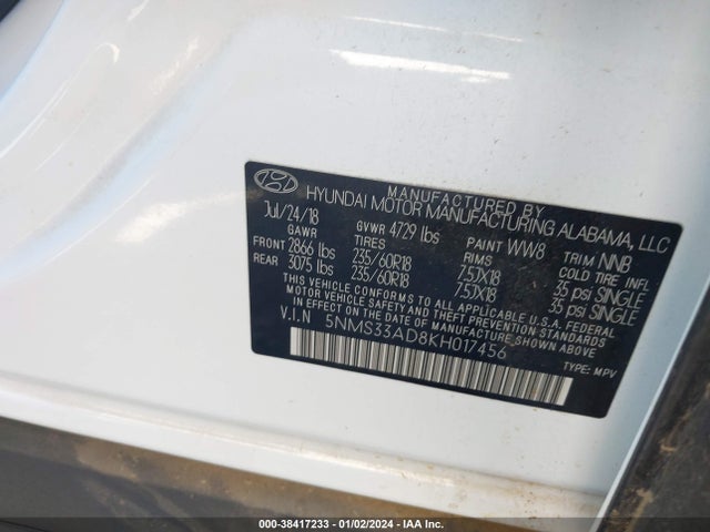 5NMS33AD8KH017456 Hyundai Santa Fe Sel Plus