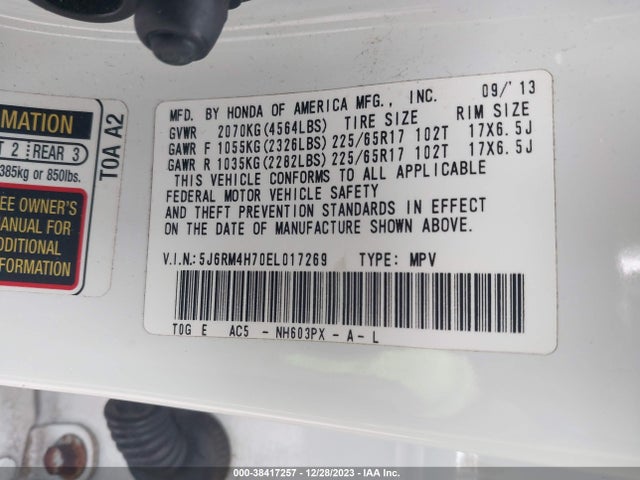 Honda Cr-v Ex-l 2014 5J6RM4H70EL017269 Image 9