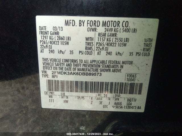2013 FORD EDGE SPORT VIN: 2FMDK3AK6DBB89573