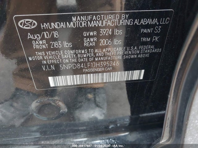 2018 HYUNDAI ELANTRA SEL VIN: 5NPD84LF1JH395246