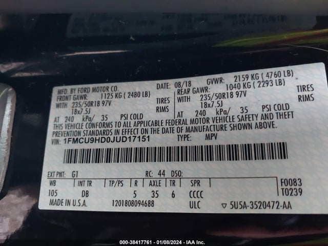 Ford ESCAPE SEL 2018 1FMCU9HD0JUD17151 Image 9