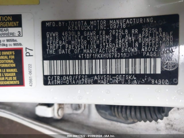 Toyota CAMRY SE 2017 4T1BF1FKXHU678311 Image 9