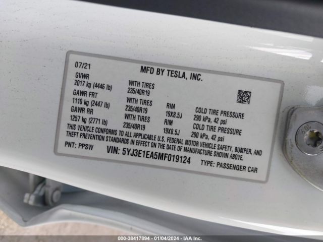 2021 TESLA MODEL 3 5YJ3E1EA5MF019124 Photo 8
