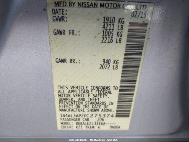 1N4AL3AP2FC275374 Nissan Altima 2.5/2.5 S/2.5 Sl/2.5 Sv