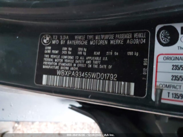 2005 BMW X3 3.0I VIN: WBXPA93455WD01792