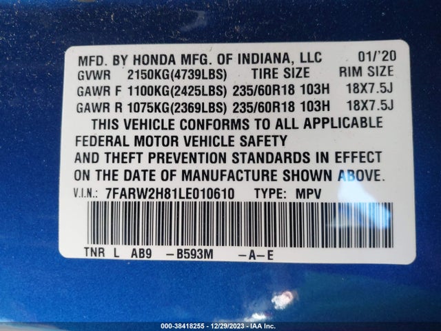 Honda Cr-v Awd Ex-l 2020 7FARW2H81LE010610 Image 9