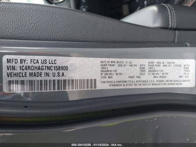 1C4RDHAG7NC158900 Dodge Durango Sxt Rwd