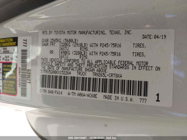 Toyota Tacoma Sr 2019 5TFRX5GN8KX152264 Image 9