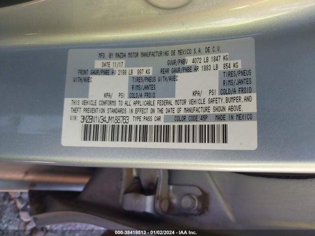 3MZBN1V34JM188763 Mazda Mazda3 Touring