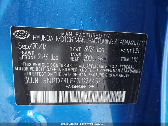 Aukcja sprzedaży 2018 Hyundai Elantra Se, vin: 5NPD74LF7JH276457, numer aukcji: 38418538