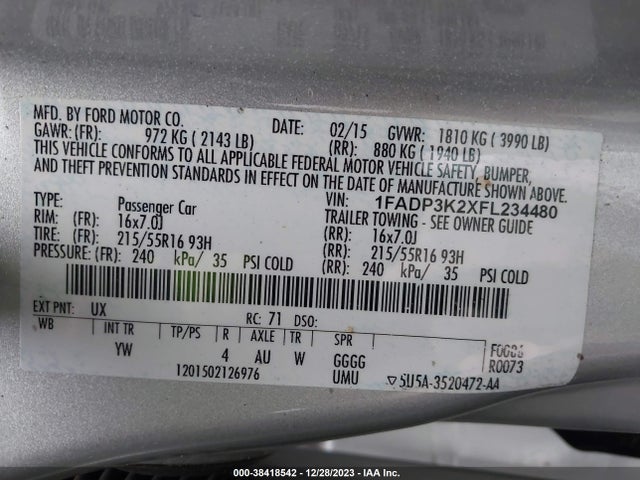 Ford FOCUS SE 2015 1FADP3K2XFL234480 Image 9