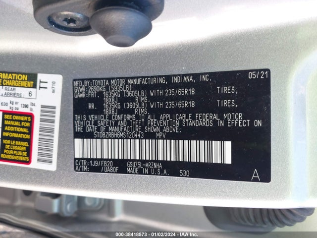 Toyota Highlander Le 2021 5TDBZRBH6MS120443 Image 9
