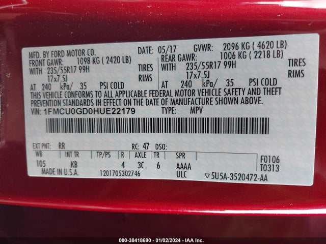 2017 FORD ESCAPE SE VIN: 1FMCU0GD0HUE22179