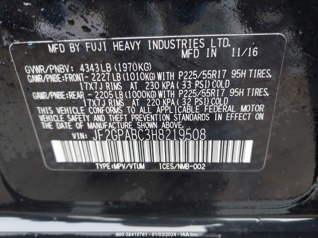 JF2GPABC3H8219508 Subaru Crosstrek 2.0i Premium