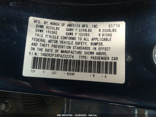 Honda ACCORD LX 2015 1HGCR2F39FA232374 Image 9
