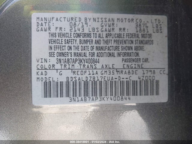 Nissan SENTRA SV 2019 3N1AB7AP3KY400844 Image 9