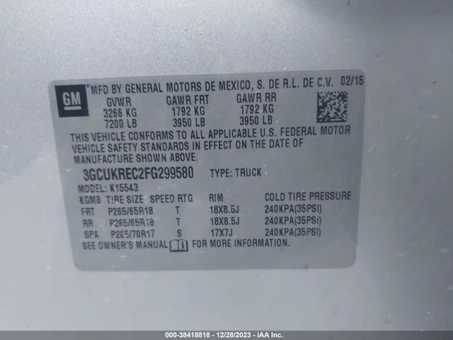 Chevrolet Silverado 1500 2lt 2015 3GCUKREC2FG299580 Image 9