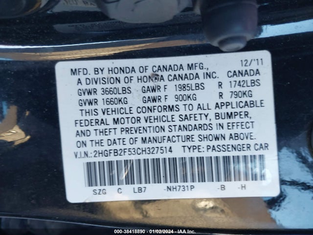 2012 HONDA CIVIC LX VIN: 2HGFB2F53CH327514