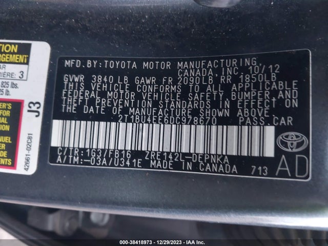 2013 TOYOTA COROLLA LE VIN: 2T1BU4EE6DC978670