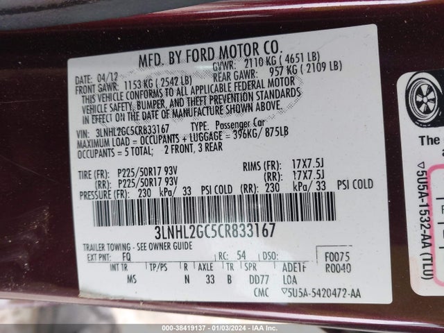 Продажа на аукционе авто 2012 Lincoln Mkz, vin: 3LNHL2GC5CR833167, номер лота: 38419137