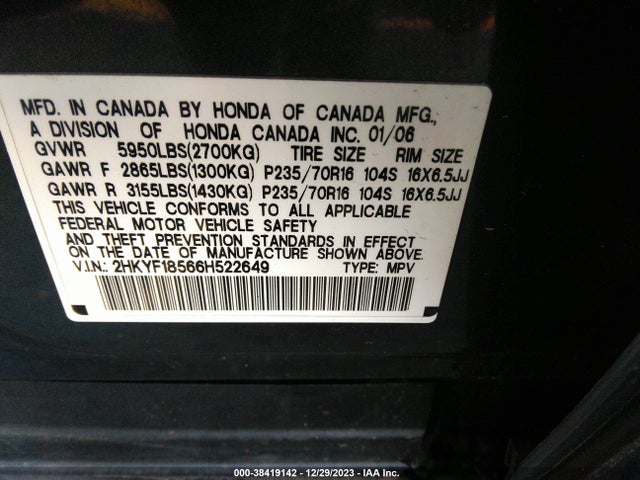 2006 HONDA PILOT EX-L VIN: 2HKYF18566H522649