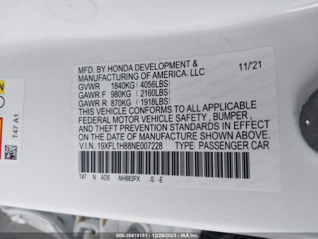 19XFL1H88NE007228 Honda Civic Sport Touring