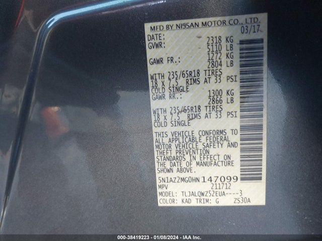 Nissan MURANO SV 2017 5N1AZ2MG0HN147099 Image 9