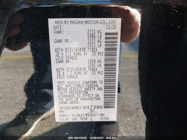 2020 NISSAN PATHFINDER SV 2WD VIN: 5N1DR2BN8LC642380
