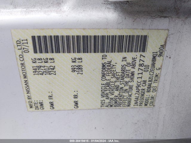 2012 NISSAN ALTIMA 2.5 S VIN: 1N4AL2AP9CC117877
