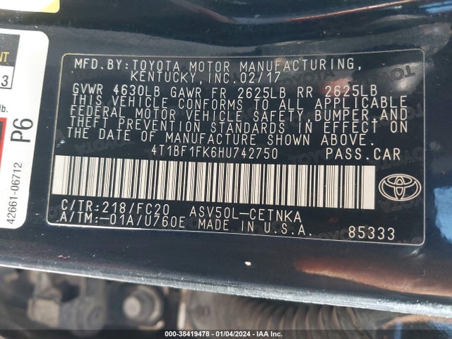 2017 TOYOTA CAMRY LE VIN: 4T1BF1FK6HU742750