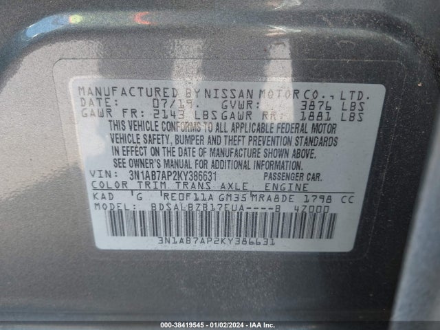 Nissan SENTRA S 2019 3N1AB7AP2KY386631 Image 9