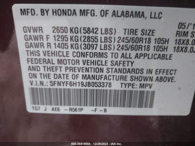 5FNYF6H19JB053378 Honda PILOT LX